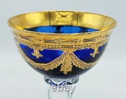 11x VINTAGE 24K GOLD PAINT MOSER BOHEMIAN COBALT BLUE GLASS COMPOTE SERVING BOWL