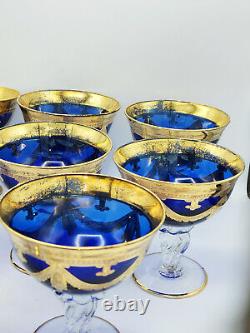 11x VINTAGE 24K GOLD PAINT MOSER BOHEMIAN COBALT BLUE GLASS COMPOTE SERVING BOWL