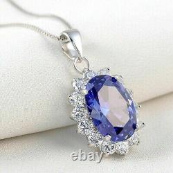 12Ct Oval Blue Sapphire & Natural Diamond Halo Pendant 18 Chain 14k Solid Gold