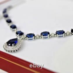 12Ct Oval Lab-Created Sapphire Women Party Wear Necklace 14K White Gold Plated