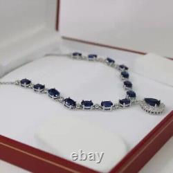 12Ct Oval Lab-Created Sapphire Women Party Wear Necklace 14K White Gold Plated