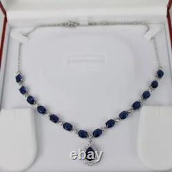 12Ct Oval Lab-Created Sapphire Women Party Wear Necklace 14K White Gold Plated