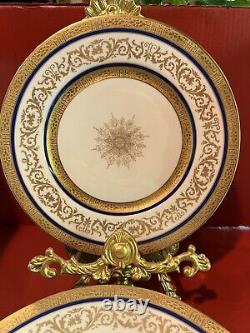 12 Antique Medallion Signed Warrin Cobalt Blue Trim Gold Gilt Dinner Plates