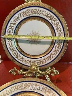 12 Antique Medallion Signed Warrin Cobalt Blue Trim Gold Gilt Dinner Plates