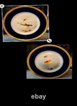 12 Limoge Hand Painted Fish Gold & Cobalt Blue Dinner Plates