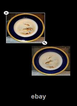 12 Limoge Hand Painted Fish Gold & Cobalt Blue Dinner Plates