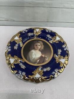 12 Royal Vienna Porcelain Portrait Plate Cobalt Blue and Gold Trim Li Moges