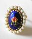 14k Gold Cobalt Enamel Iridescent Flower Pearl Halo Ring Sz 5.25 Vintage Italy