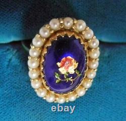 14K Gold Cobalt Enamel Iridescent Flower Pearl Halo Ring Sz 5.25 Vintage Italy