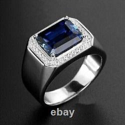 14K White Gold Plated 2Ct Emerald Lab Created Blue Sapphire Men's Wedding Ring