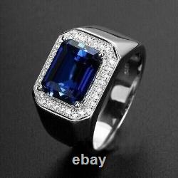 14K White Gold Plated 2Ct Emerald Lab Created Blue Sapphire Men's Wedding Ring