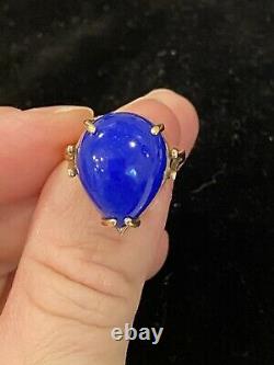14K Yellow Gold & Cobalt Blue Lapis Lazuli Teardrop Ring Size 7.75 Beautiful