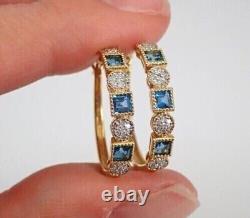 14K Yellow Gold Plated 2.60Ct Princess Simulated Blue Topaz Bezel Hoop Earrings