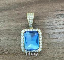 14K Yellow Gold Plated 4Ct Emerald Cut Lab Created Blue Topaz Halo Charm Pendant
