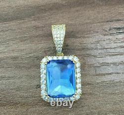 14K Yellow Gold Plated 4Ct Emerald Cut Lab Created Blue Topaz Halo Charm Pendant