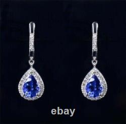 14k White Gold Plated Pear Cut Simulated Blue Sapphire 925 Silver Drop Earrings