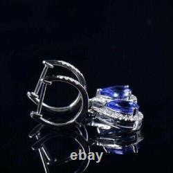 14k White Gold Plated Pear Cut Simulated Blue Sapphire 925 Silver Drop Earrings