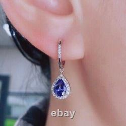 14k White Gold Plated Pear Cut Simulated Blue Sapphire 925 Silver Drop Earrings