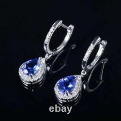 14k White Gold Plated Pear Cut Simulated Blue Sapphire 925 Silver Drop Earrings