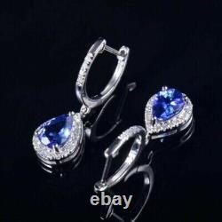 14k White Gold Plated Pear Cut Simulated Blue Sapphire 925 Silver Drop Earrings