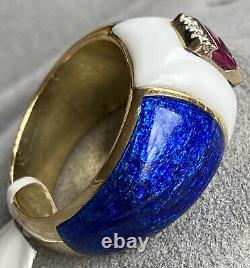 18K Yellow Gold Diamond Ruby Ring Cobalt Blue White Enamel Vintage Dome Heavy 9