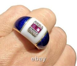 18K Yellow Gold Diamond Ruby Ring Cobalt Blue White Enamel Vintage Dome Heavy 9