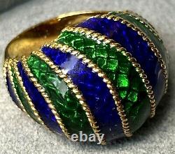 18K Yellow Gold Guilloche Enamel Green Cobalt Blue Twisted Cable Domed Ring Sz 6