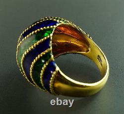18K Yellow Gold Guilloche Enamel Green Cobalt Blue Twisted Cable Domed Ring Sz 6