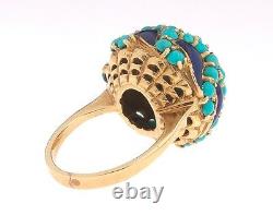 18K Yellow Gold Turquoise Cabochon Cobalt Blue Enamel Waves Domed Bombe Ring