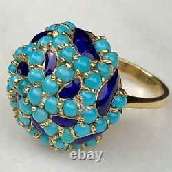 18K Yellow Gold Turquoise Cabochon Cobalt Blue Enamel Waves Domed Bombe Ring