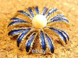 1960's Trifari Cobalt Blue Enamel Flower Gold Tone Brooch Pin