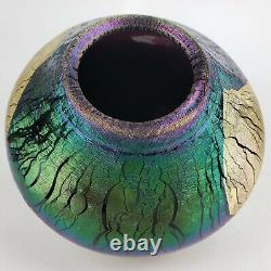 1988 Robert Eickholt Gold Foil Iridescent Cobalt Blue Art Glass Volcano Vase