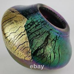 1988 Robert Eickholt Gold Foil Iridescent Cobalt Blue Glass Volcano Bud Vase