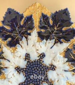 19th C Antique 9-1/2 Meissen Triple Maple Leaf Plate Cobalt Blue, Gold, White