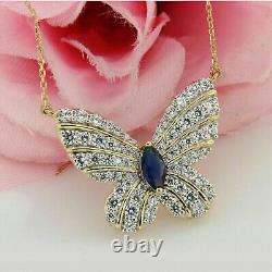 1.50Ct Round Cut Moissanite & Sapphire Butterfly Pendant 14K Yellow Gold Plated