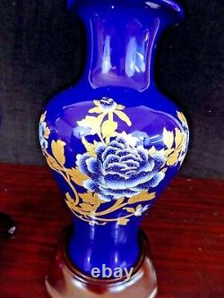 27 Cobalt Blue & Gold Peony Chinese Porcelain Vase Lamps Japanese Cloisonne