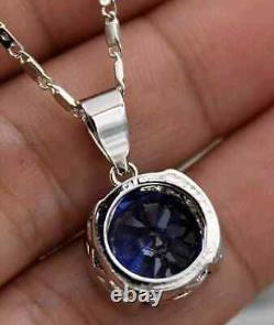 2Ct Round Cut Lab-Created Blue Sapphire Solitaire Pendant 14k White Gold Plated