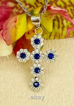 2.00Ct Round Cut Lab Created Sapphire Charm Cross Pendant 14K White Gold Plated