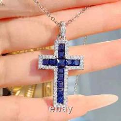 2 CT Princess Cut Lab-Created Blue Sapphire Cross Pendant 14K White Gold Plated