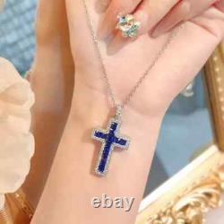 2 CT Princess Cut Lab-Created Blue Sapphire Cross Pendant 14K White Gold Plated