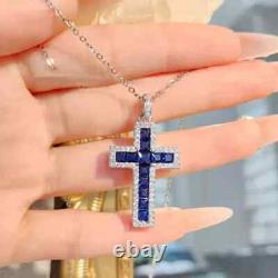 2 CT Princess Cut Lab-Created Blue Sapphire Cross Pendant 14K White Gold Plated