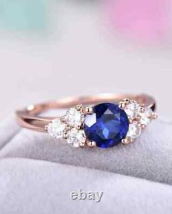 2 CT Round Simulated Blue Sapphire Wedding Engagement Ring 14K Rose Gold Plated