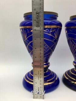 2 Cobalt Blue & Gold Two Piece Vases Lamps Very Unusual Large Tall Brass Rim