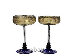 2 Venetian Glass Wine Stems Goblets Cobalt Blue And Gold Colored Airtwist