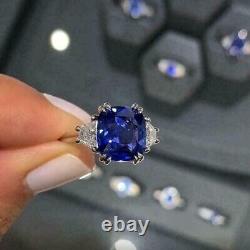 3Ct Cushion Simulated Blue Sapphire Three Stone Band Ring 14K White Gold Plated