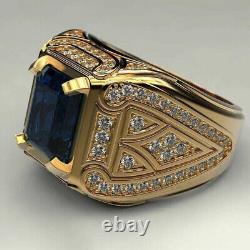 3Ct Emerald Cut Blue Sapphire Men's Engagement Ring 14K Yellow Gold Over US 7-12