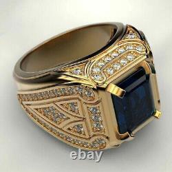 3Ct Emerald Cut Blue Sapphire Men's Engagement Ring 14K Yellow Gold Over US 7-12