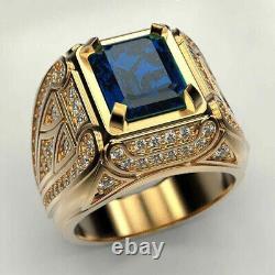 3Ct Emerald Cut Blue Sapphire Men's Engagement Ring 14K Yellow Gold Over US 7-12