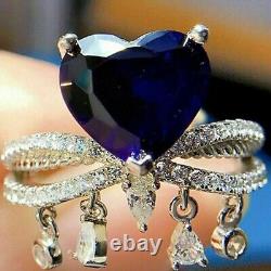 3Ct Heart Cut Simulated Blue Sapphire Women's Ring 14k White Gold Plated Silver