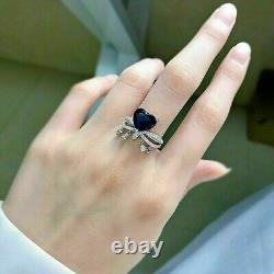 3Ct Heart Cut Simulated Blue Sapphire Women's Ring 14k White Gold Plated Silver